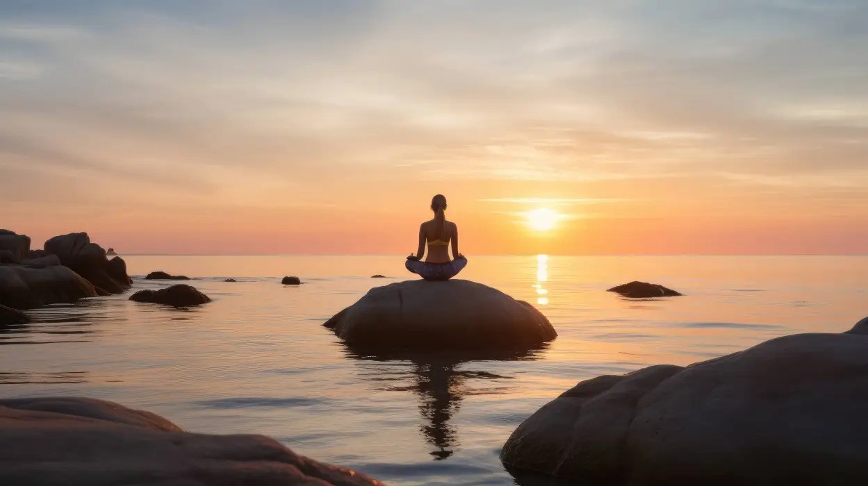 Woman sits on Rock in the Sea Doing Yoga