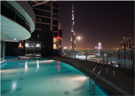 Swimming Pool Overlooking Burj Khalifa at Night